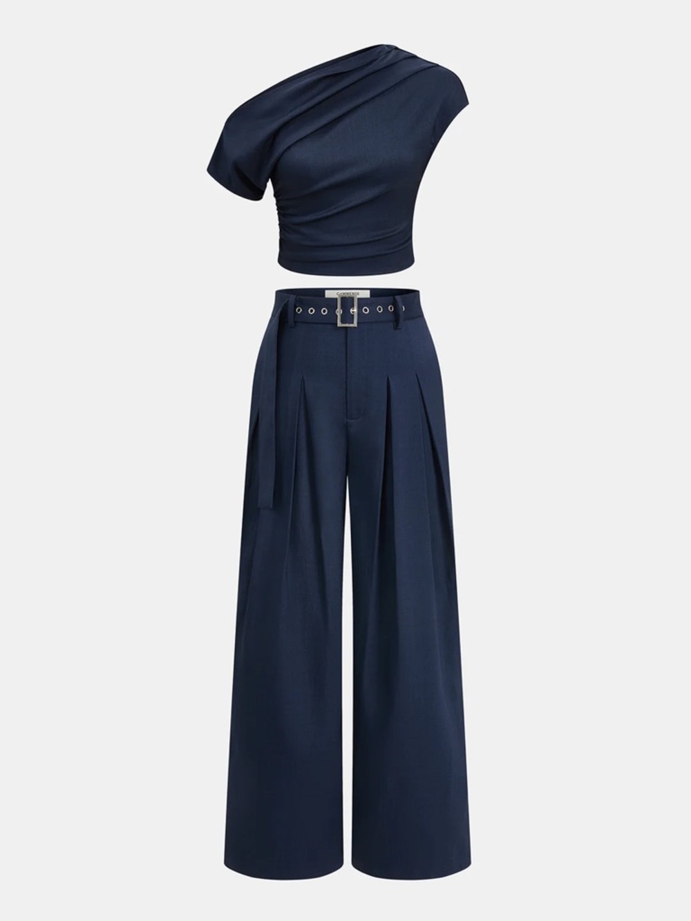 Commense Navy One-Shoulder Crop Top & Wide-Leg Pants